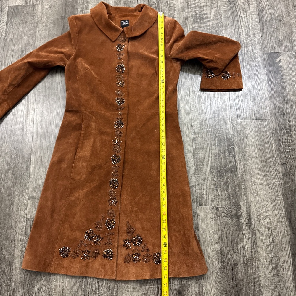 Hot in Hollywood Suede Leather Beaded Floral Embellished Long Jacket - Picture 4 of 11